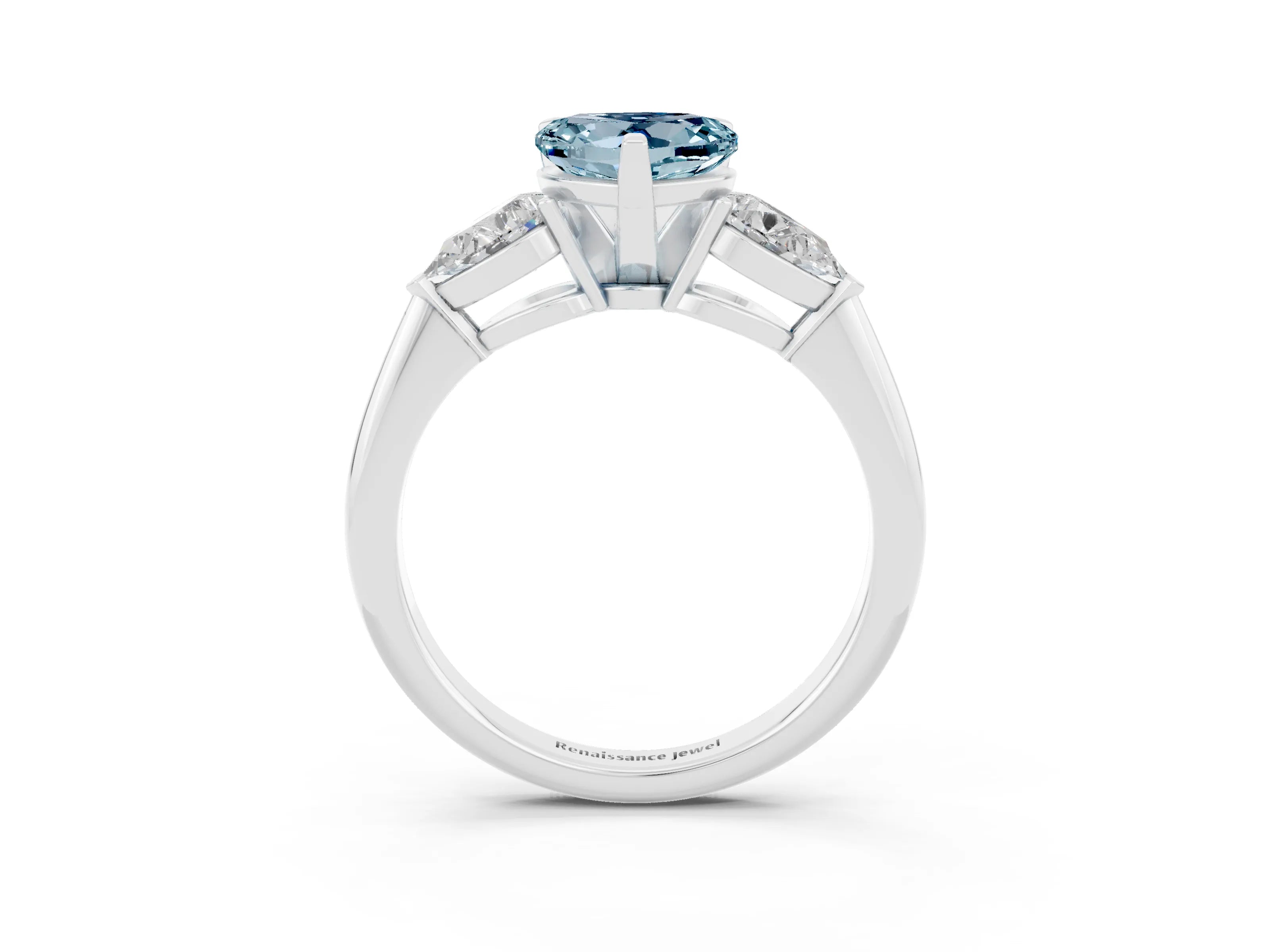 White gold Three-Stone Heart Cut Aquamarine Ring with Pear Side Stones and Four-Prong Setting_3