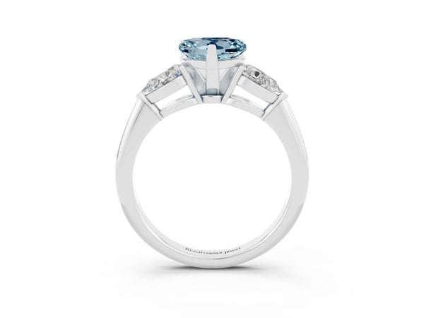 Silver Three-Stone Heart Cut Aquamarine Ring with Pear Side Stones and Four-Prong Setting