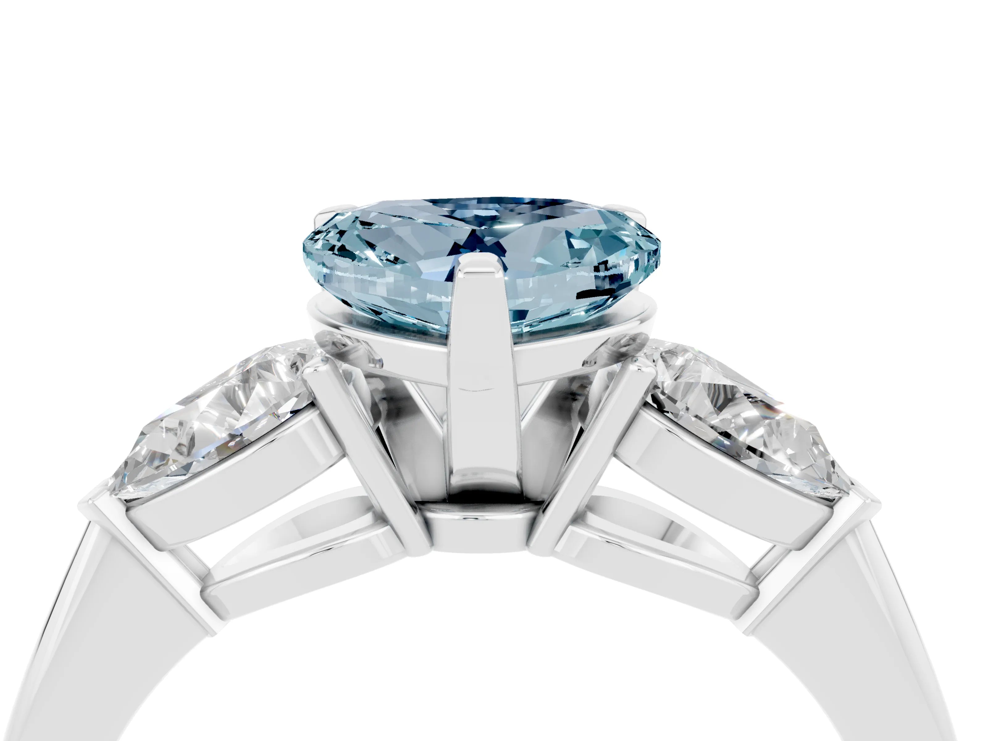 White gold Three-Stone Heart Cut Aquamarine Ring with Pear Side Stones and Four-Prong Setting_4