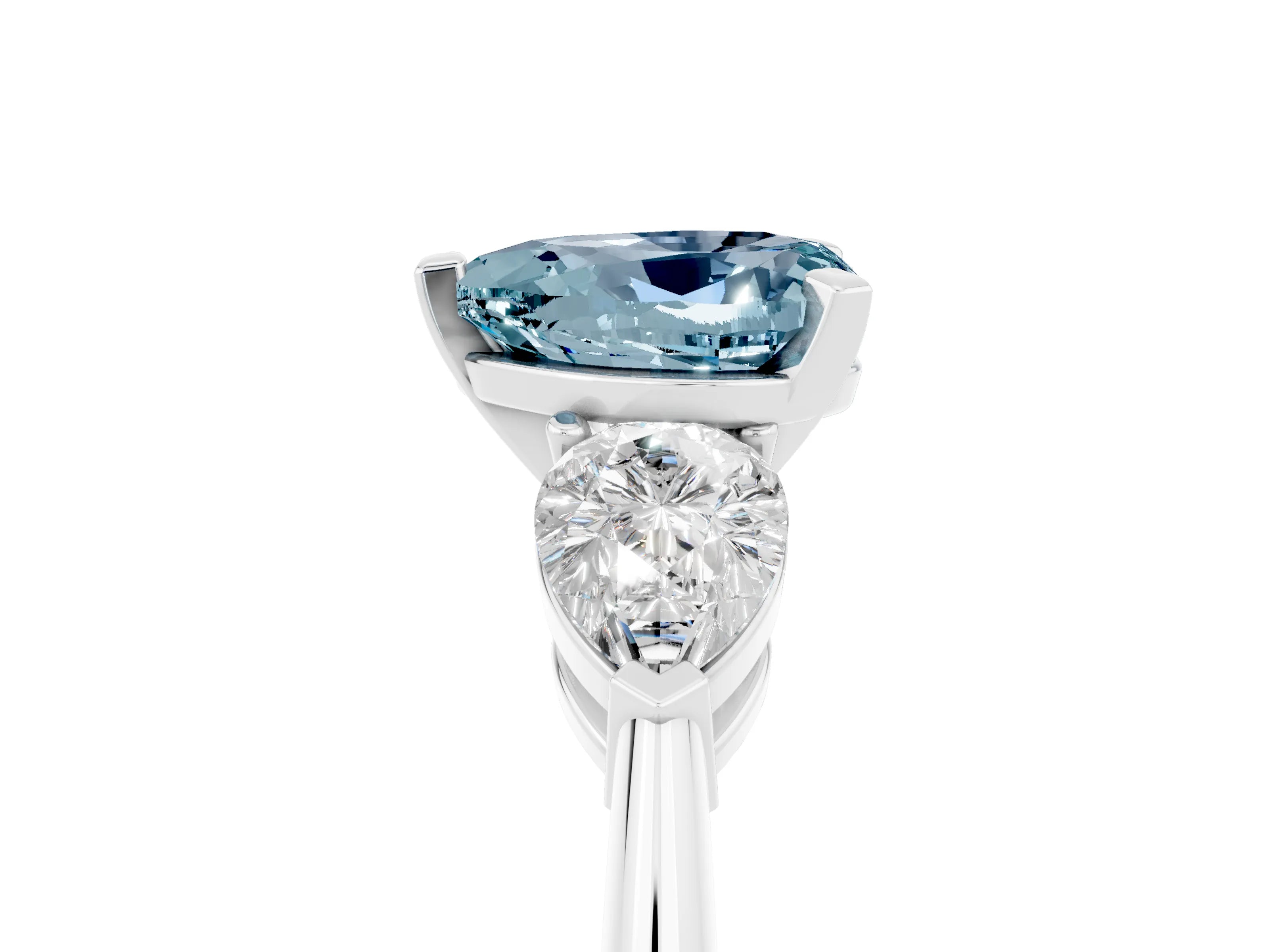 White gold Three-Stone Heart Cut Aquamarine Ring with Pear Side Stones and Four-Prong Setting_5