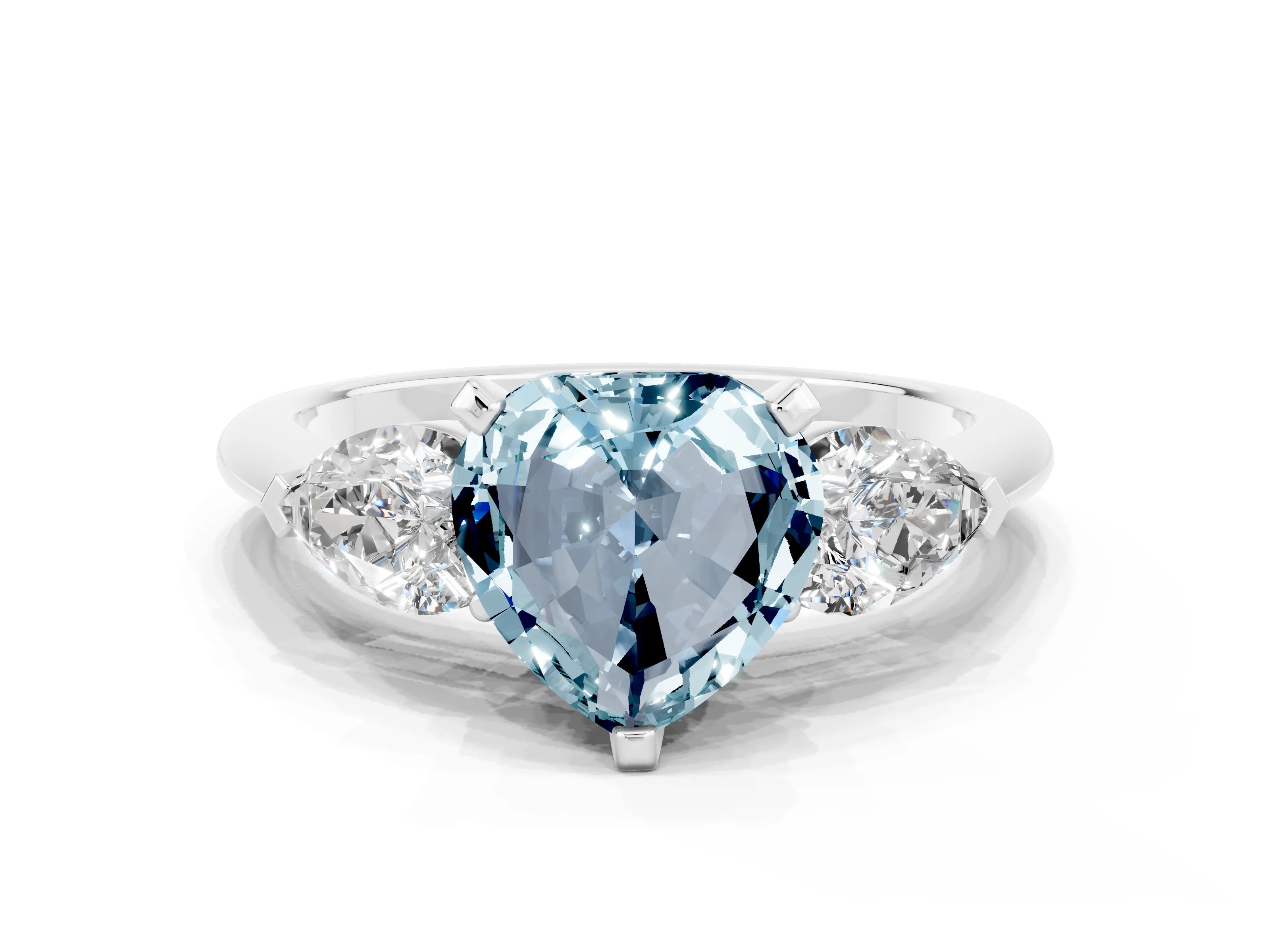 White gold Three-Stone Heart Cut Aquamarine Ring with Pear Side Stones and Four-Prong Setting