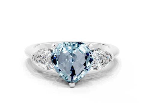 White gold Three-Stone Heart Cut Aquamarine Ring with Pear Side Stones and Four-Prong Setting