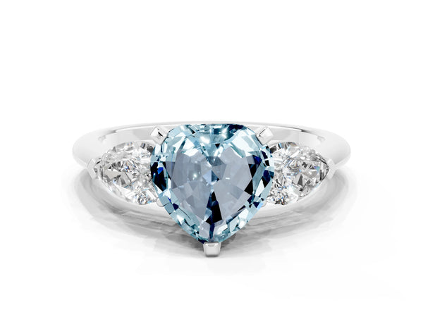 Silver Three-Stone Heart Cut Aquamarine Ring with Pear Side Stones and Four-Prong Setting