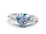 White gold Three-Stone Heart Cut Aquamarine Ring with Pear  Side Stones in Four-Prong Setting_12