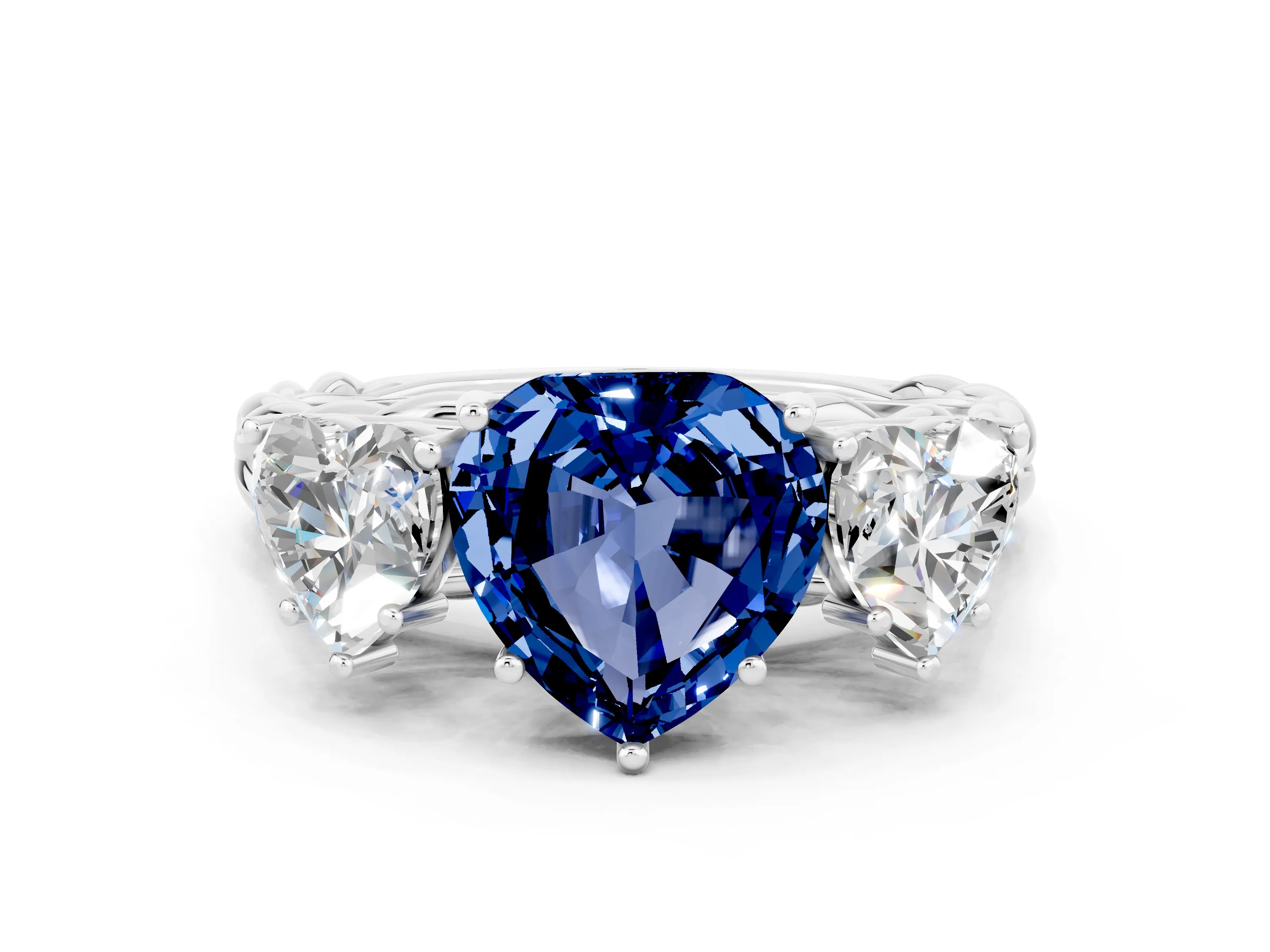 White gold Three-Stone Heart Cut Blue Sapphire Braided Band Ring with Four-Prong Setting_45