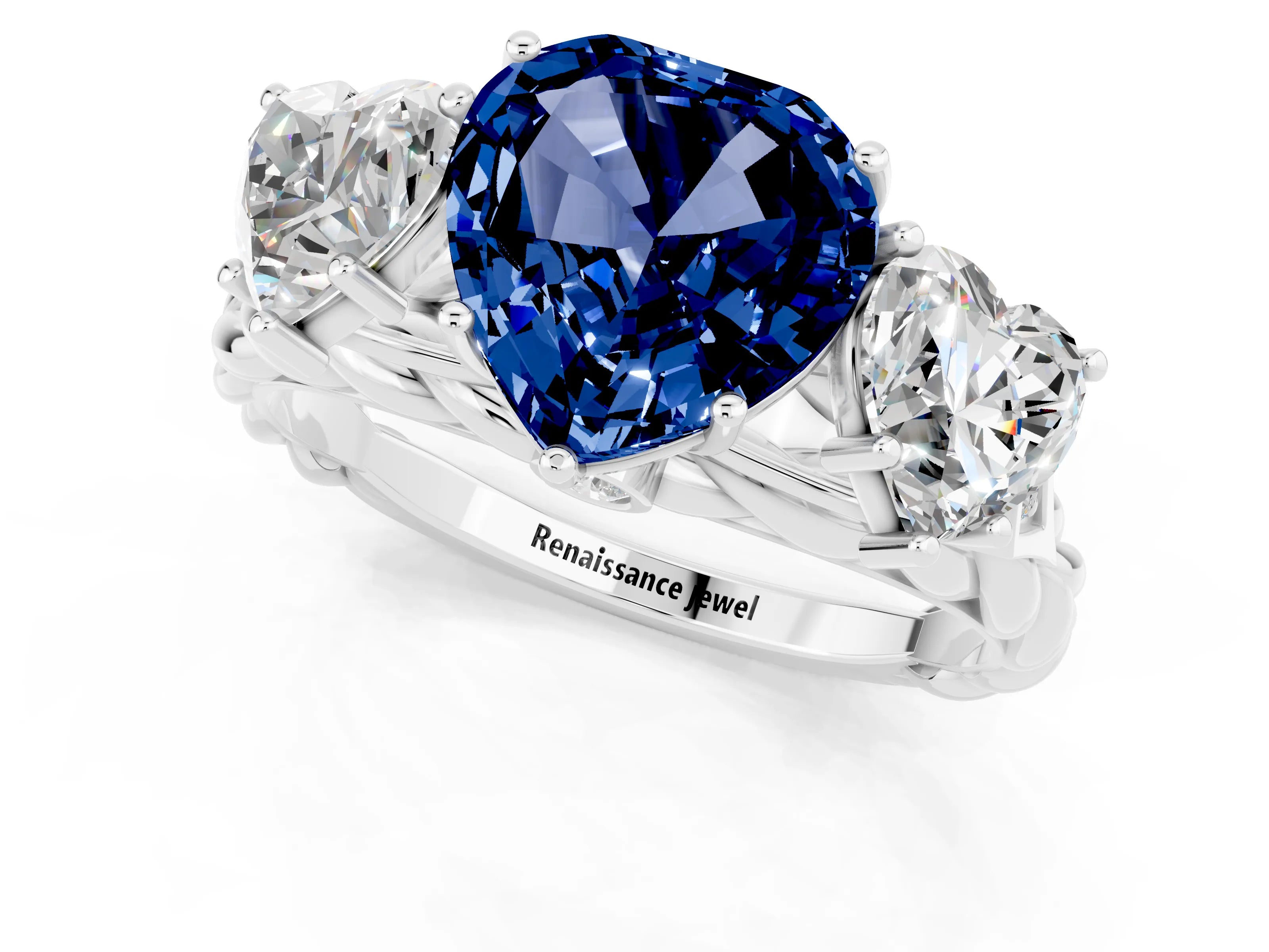 White gold Three-Stone Heart Cut Blue Sapphire Braided Band Ring with Four-Prong Setting_46