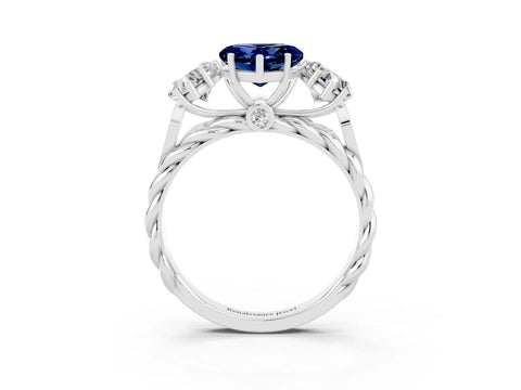 White gold Three-Stone Heart Cut Blue Sapphire Braided Band Ring with Four-Prong Setting_48