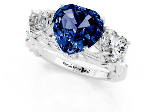 White gold Three-Stone Heart Cut Blue Sapphire Braided Band Ring with Four-Prong Setting_49