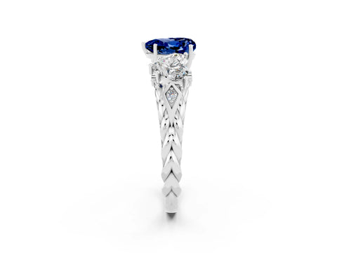 White gold Three-Stone Heart Cut Blue Sapphire Braided Band Ring with Four-Prong Setting_50