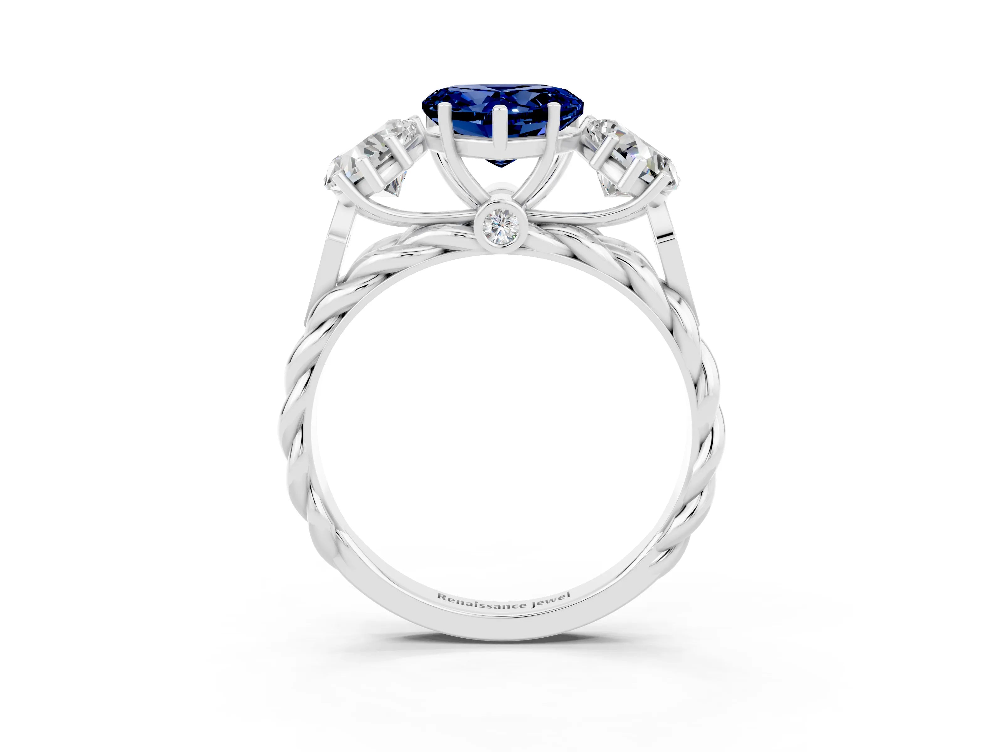 White gold Three-Stone Heart Cut Blue Sapphire Braided Band Ring with Four-Prong Setting_51