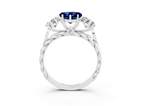 Silver Three-Stone Heart Cut Blue Sapphire Braided Band Ring with Four-Prong Setting