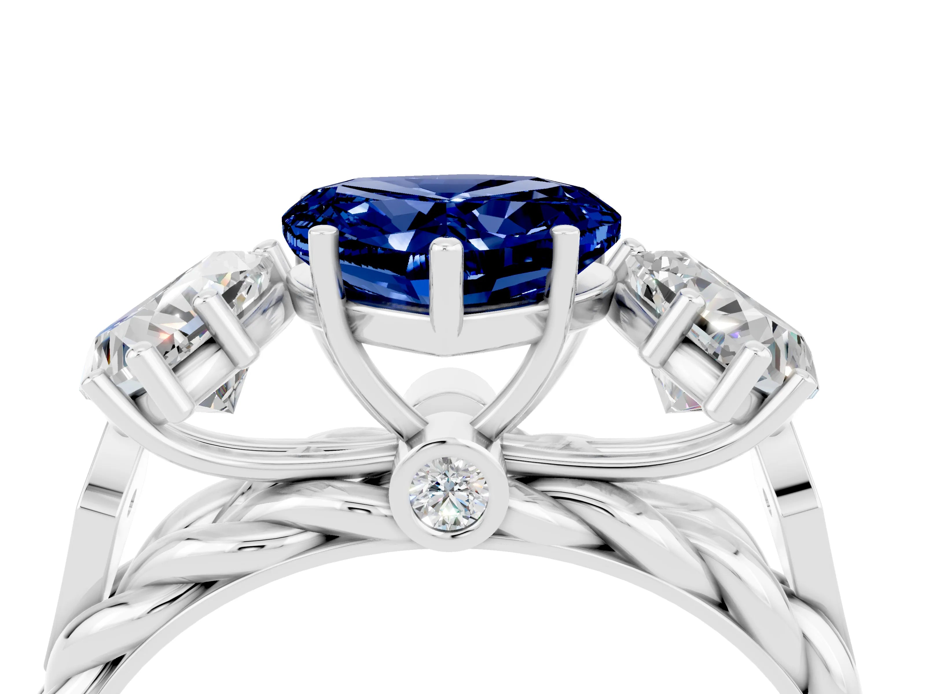 White gold Three-Stone Heart Cut Blue Sapphire Braided Band Ring with Four-Prong Setting_52