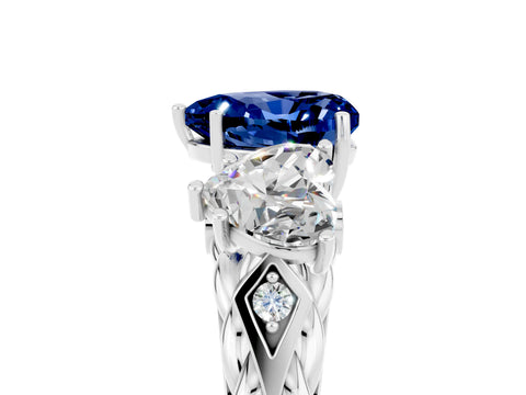 White gold Three-Stone Heart Cut Blue Sapphire Braided Band Ring with Four-Prong Setting_53