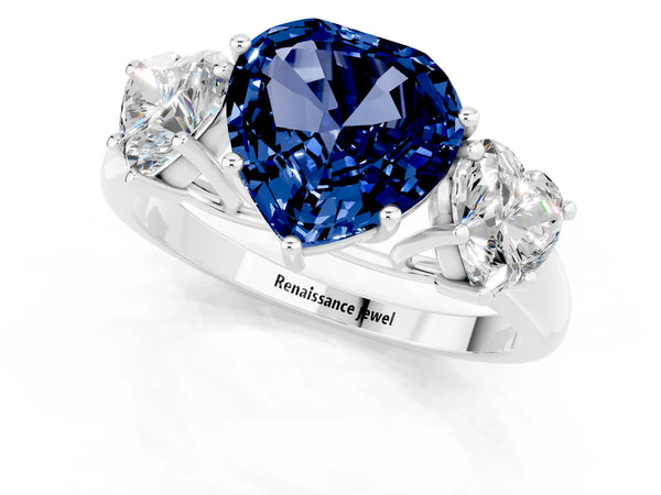 Platinum Three-Stone Heart Cut Blue Sapphire Engagement Ring with Prong Setting