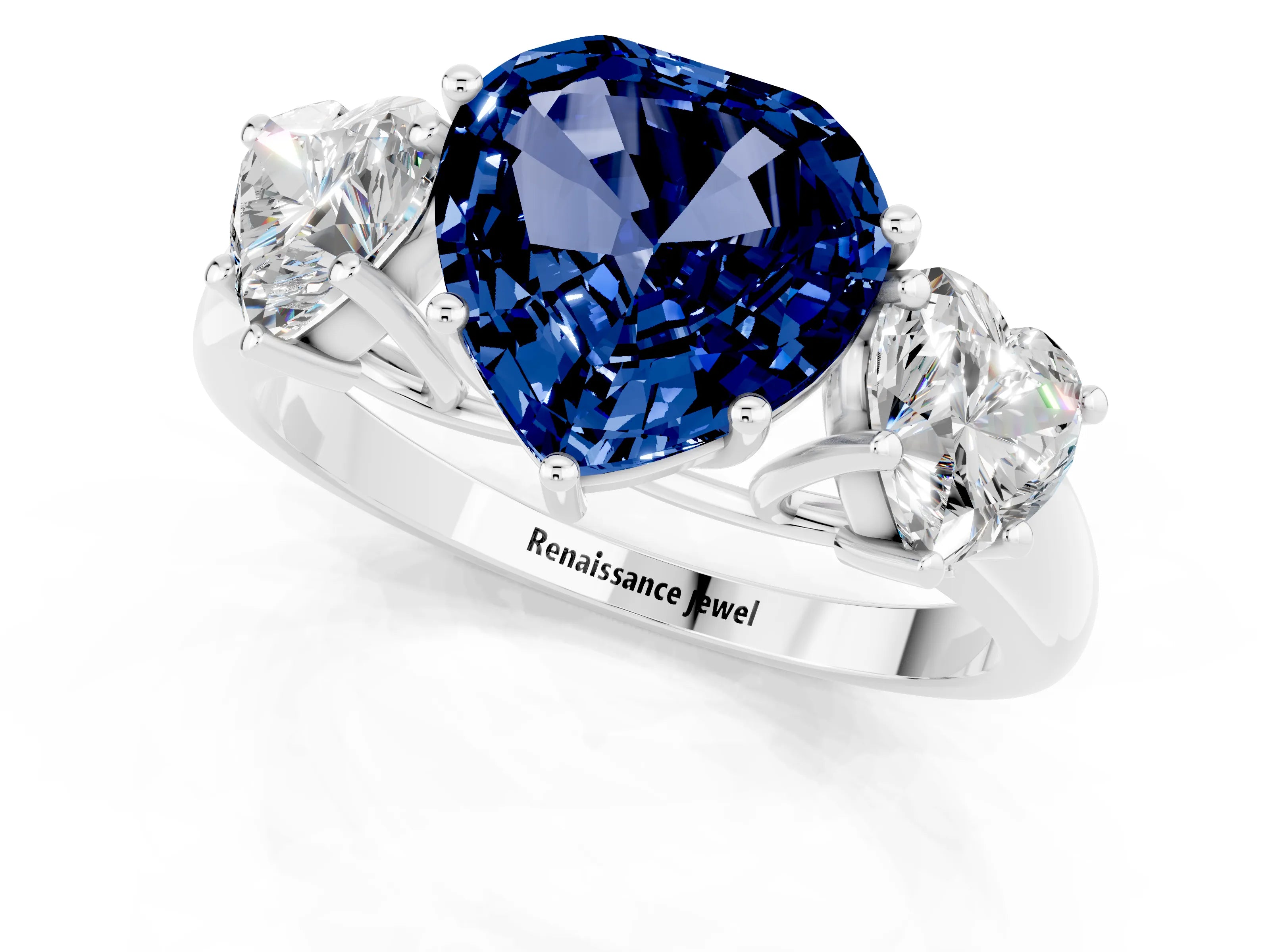 White gold Three-Stone Heart Cut Blue Sapphire Engagement Ring with Prong Setting_1