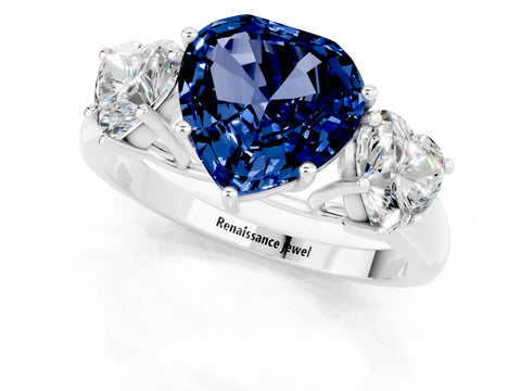 White gold Three-Stone Heart Cut Blue Sapphire Engagement Ring with Prong Setting_1