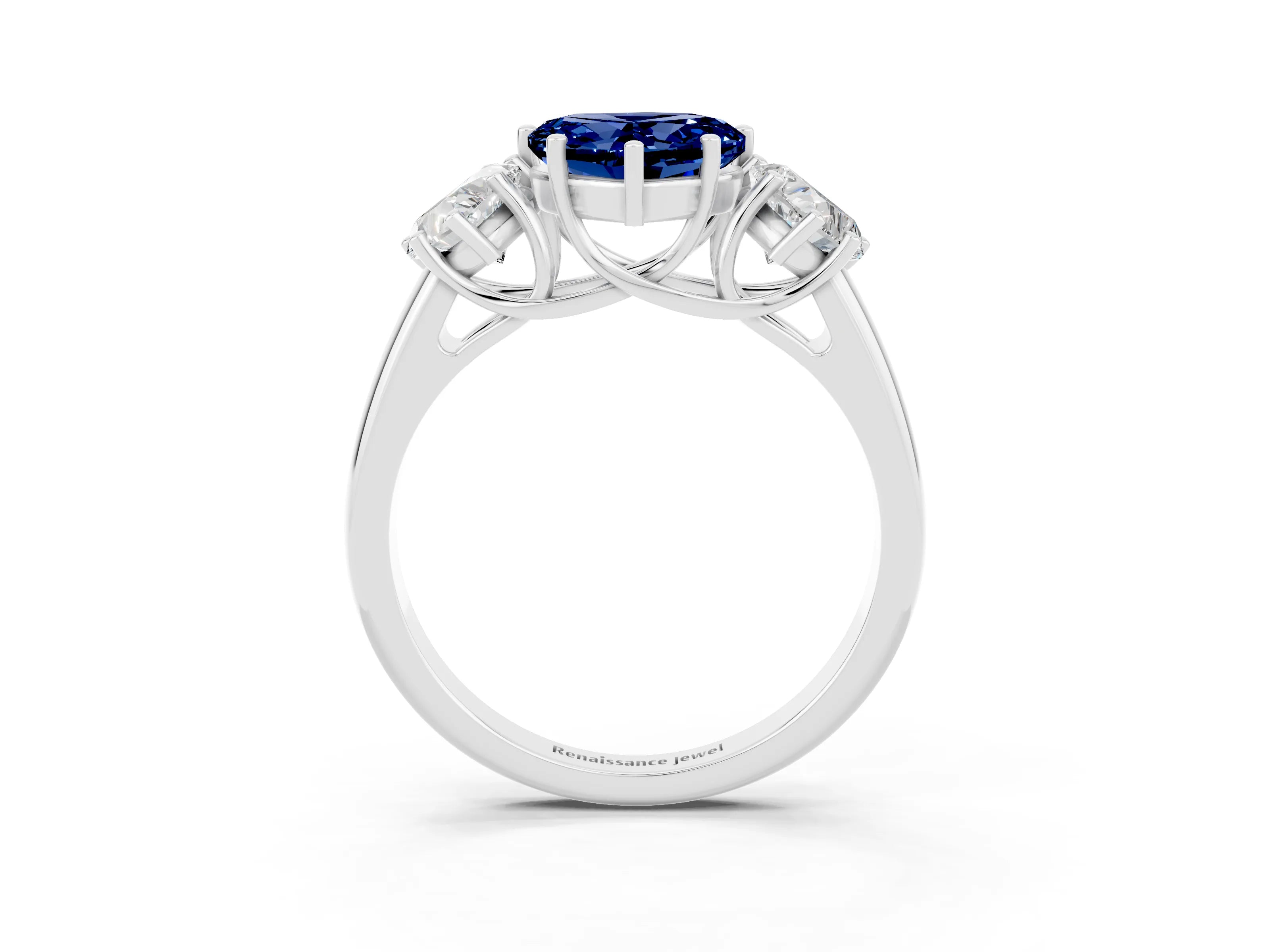 White gold Three-Stone Heart Cut Blue Sapphire Engagement Ring with Prong Setting_3