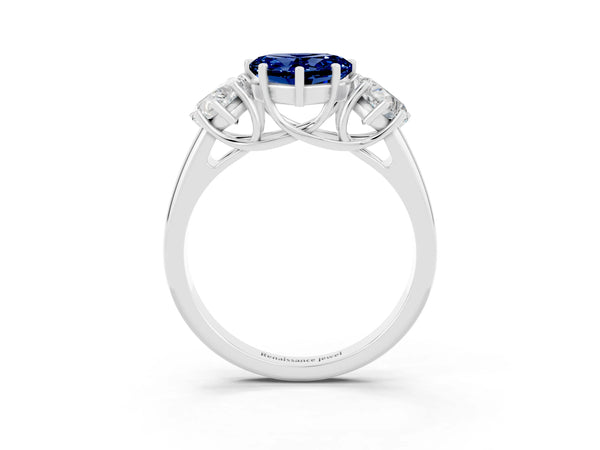 Silver Three-Stone Heart Cut Blue Sapphire Engagement Ring with Prong Setting