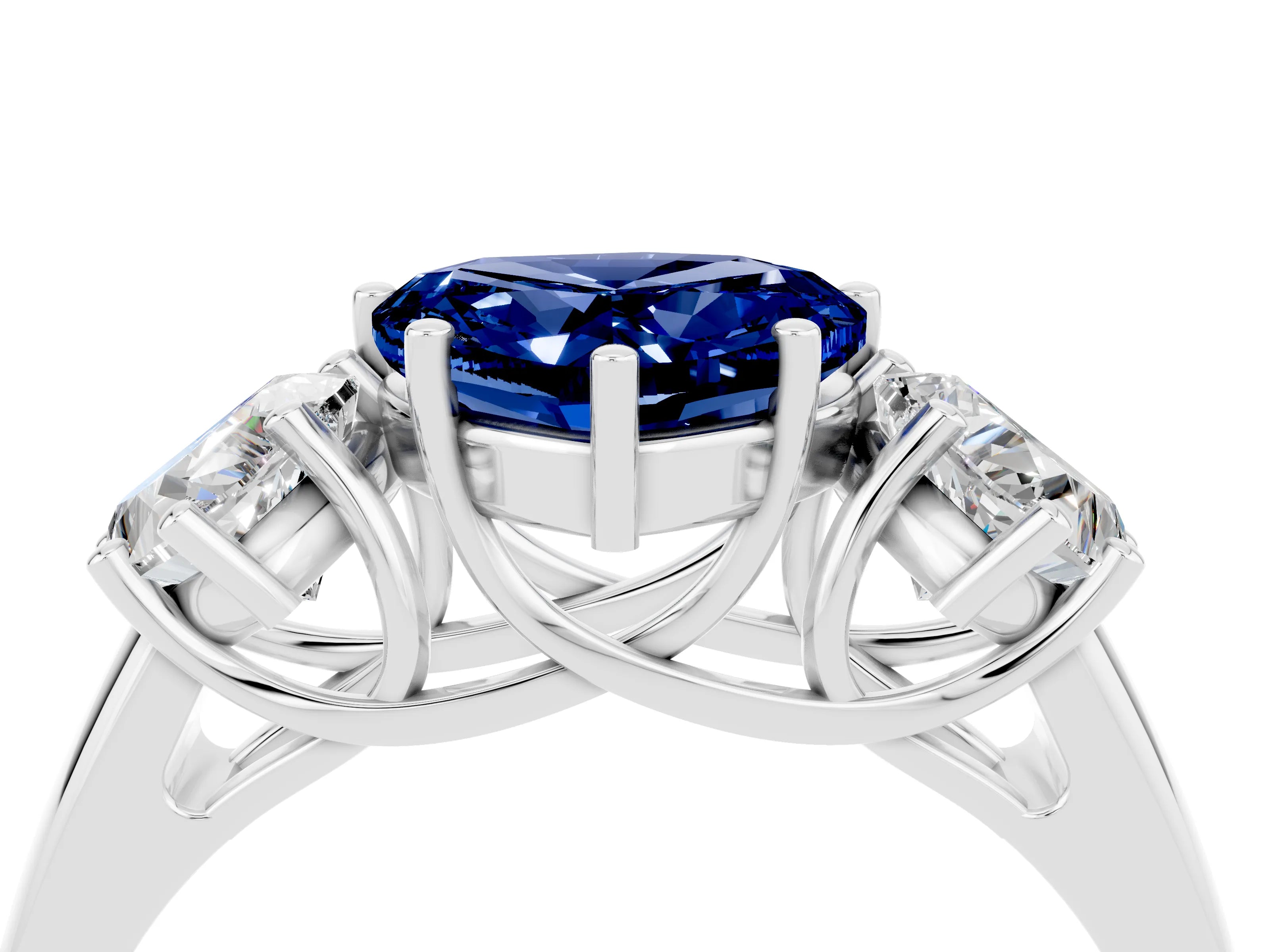 White gold Three-Stone Heart Cut Blue Sapphire Engagement Ring with Prong Setting_4