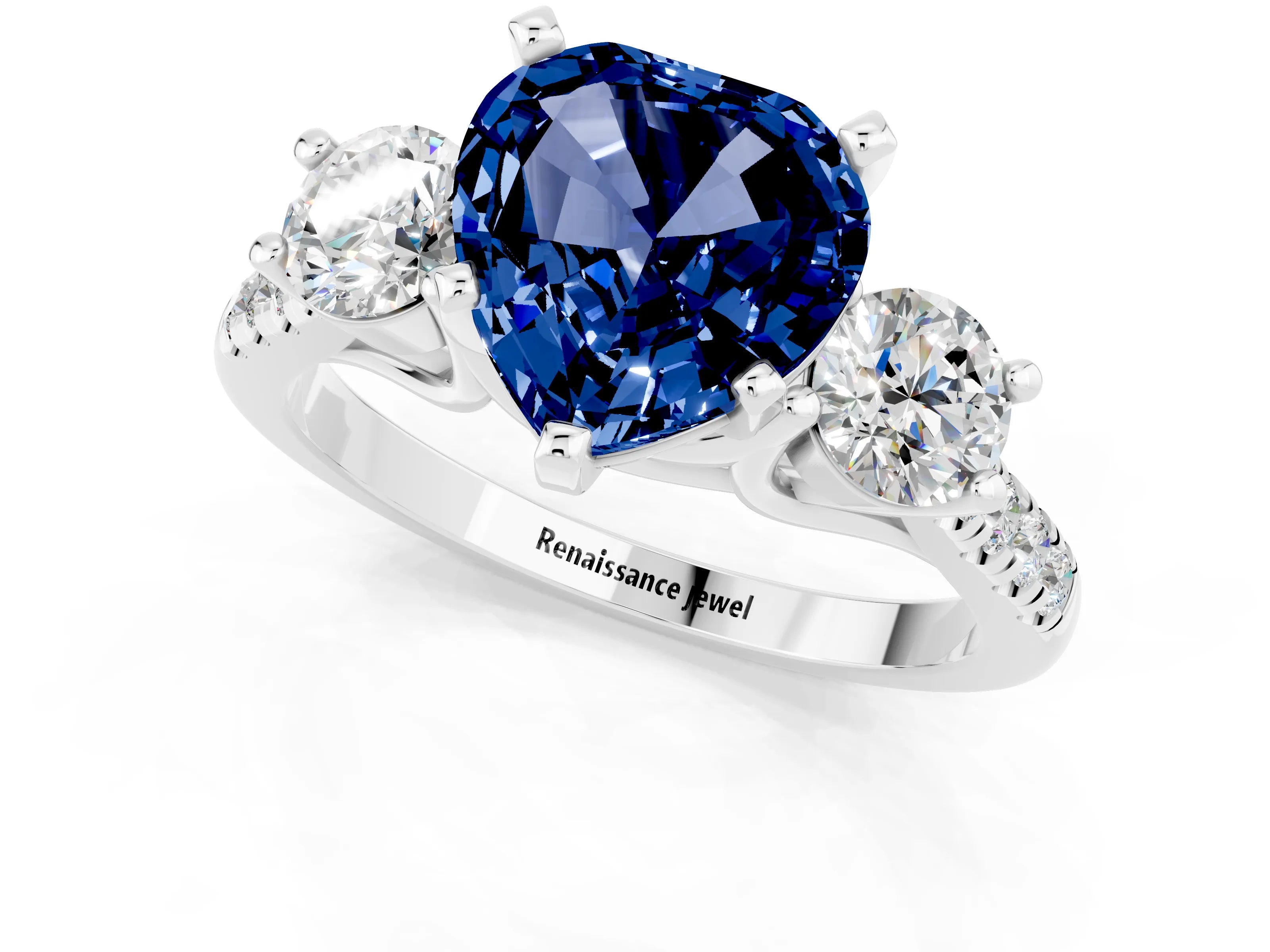 White gold Three-Stone Heart Cut Blue Sapphire Pavé Band with Four-Prong Setting_1