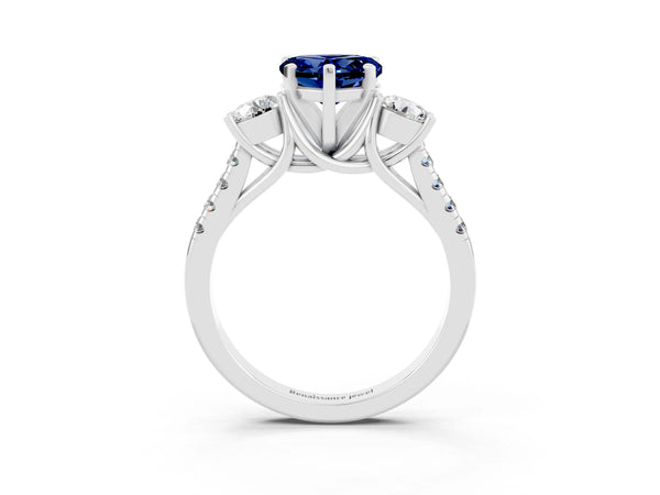 Platinum Three-Stone Heart Cut Blue Sapphire Pavé Band with Four-Prong Setting