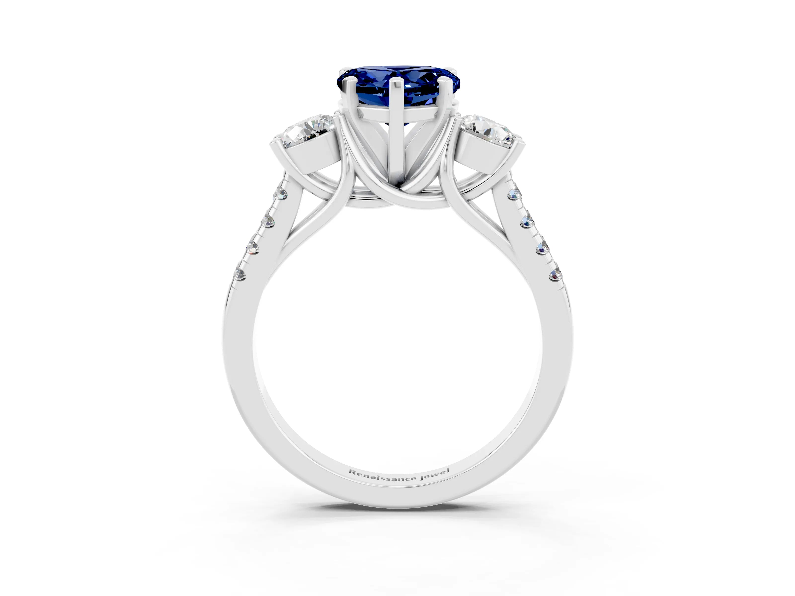 White gold Three-Stone Heart Cut Blue Sapphire Pavé Band with Four-Prong Setting_3