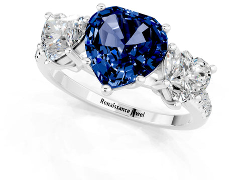 White gold Three-Stone Heart Cut Blue Sapphire Ring with Pavé Band and Prong Setting_13