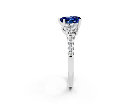 White gold Three-Stone Heart Cut Blue Sapphire Ring with Pavé Band and Prong Setting_14