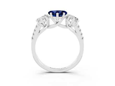 White gold Three-Stone Heart Cut Blue Sapphire Ring with Pavé Band and Prong Setting_15