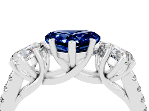 White gold Three-Stone Heart Cut Blue Sapphire Ring with Pavé Band and Prong Setting_16