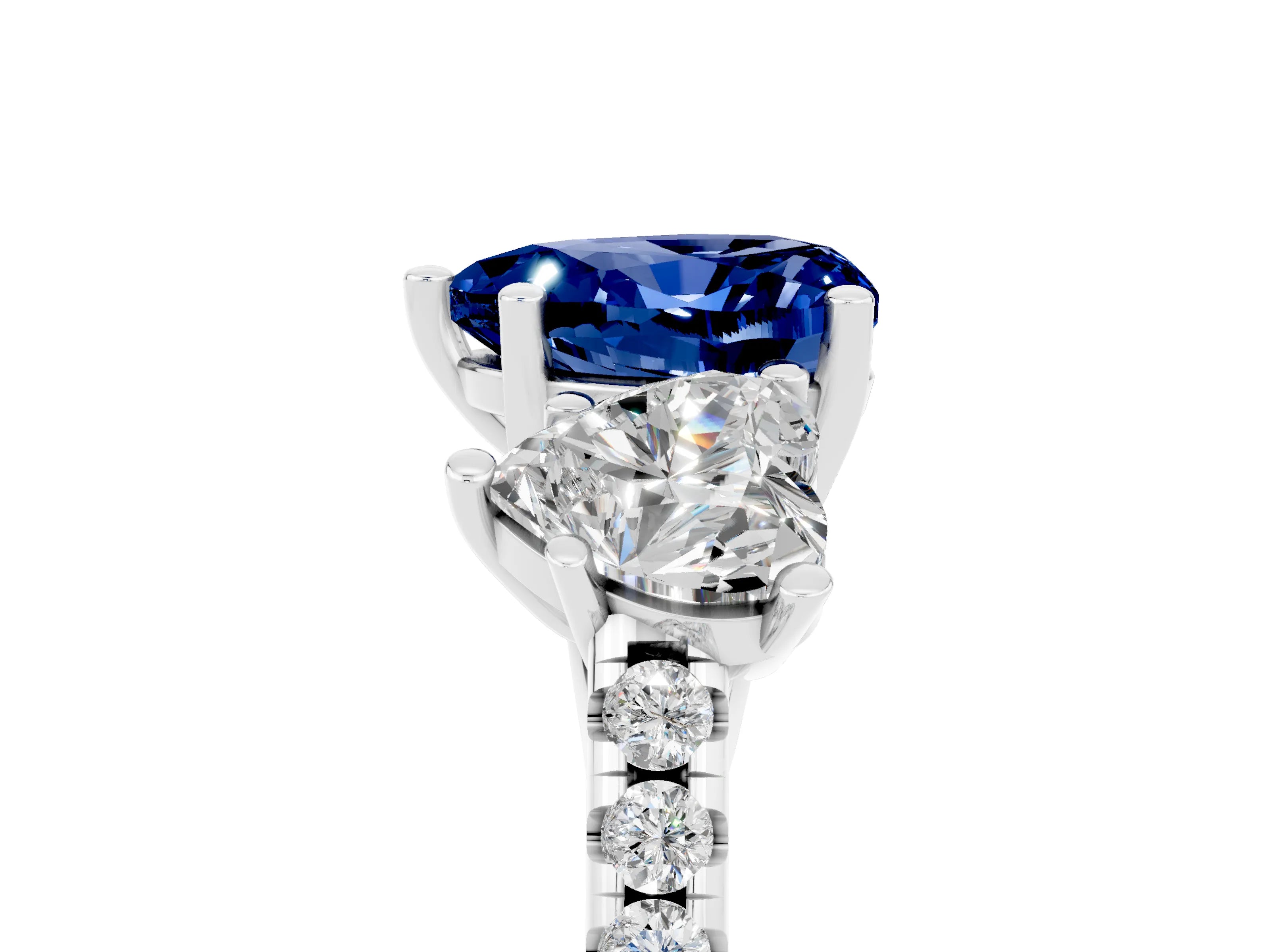 White gold Three-Stone Heart Cut Blue Sapphire Ring with Pavé Band and Prong Setting_17