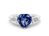 White gold Three-Stone Heart Cut Blue Sapphire Ring with Pear Side Stones and Four-Prong Setting