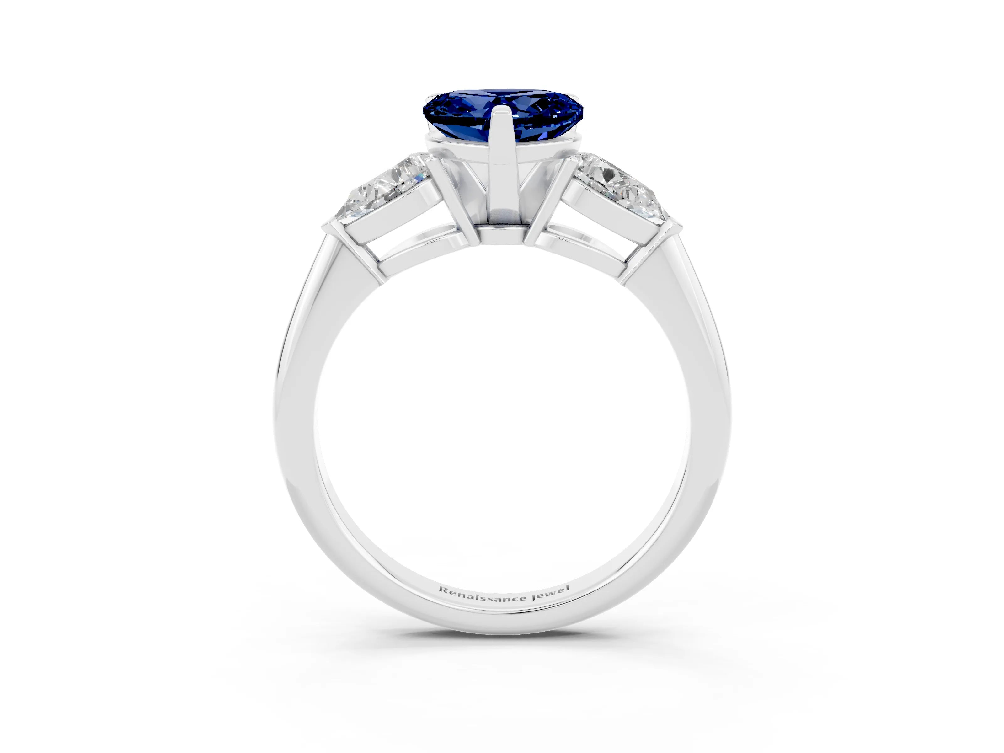 White gold Three-Stone Heart Cut Blue Sapphire Ring with Pear Side Stones and Four-Prong Setting_3