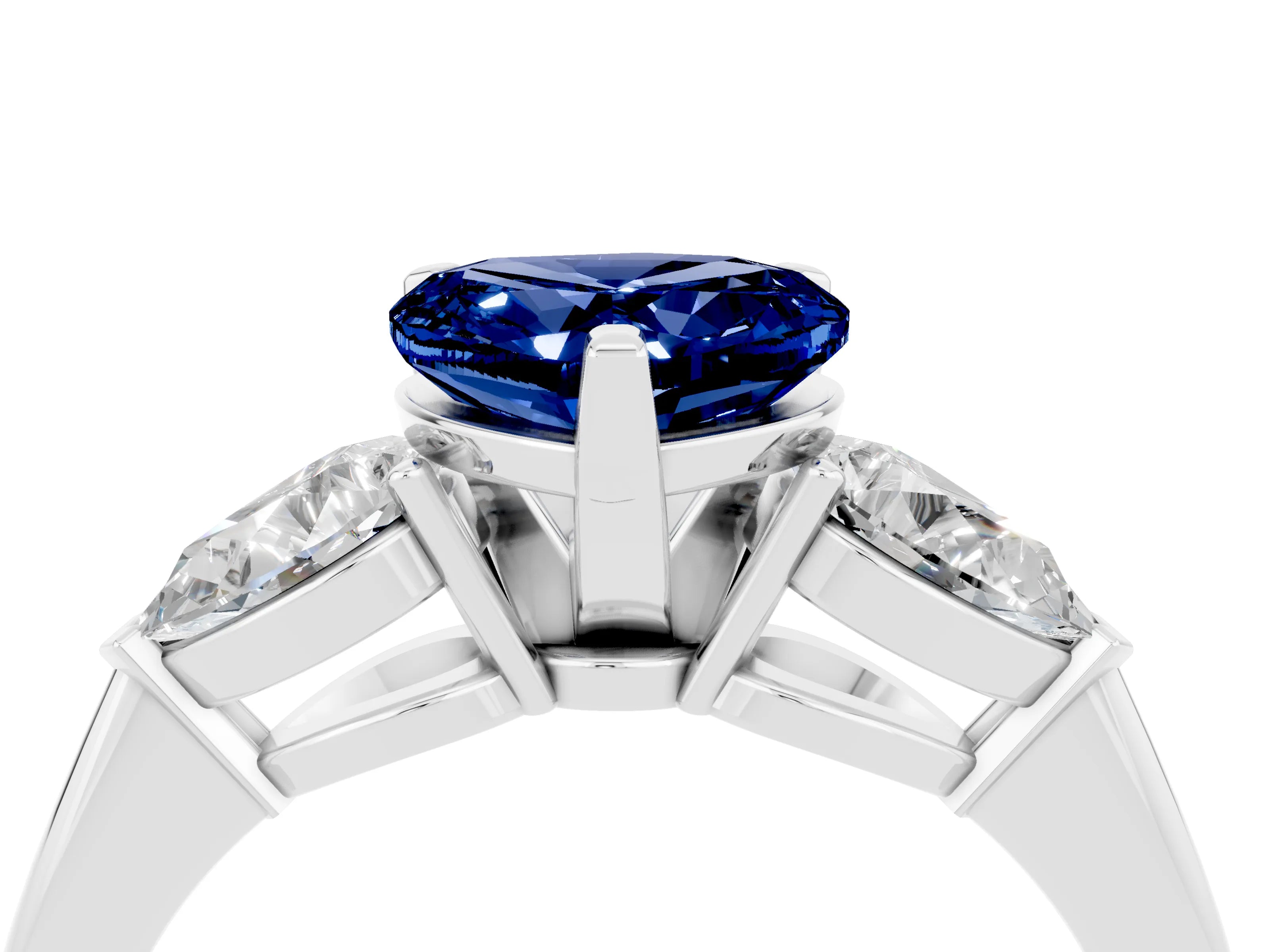White gold Three-Stone Heart Cut Blue Sapphire Ring with Pear Side Stones and Four-Prong Setting_4