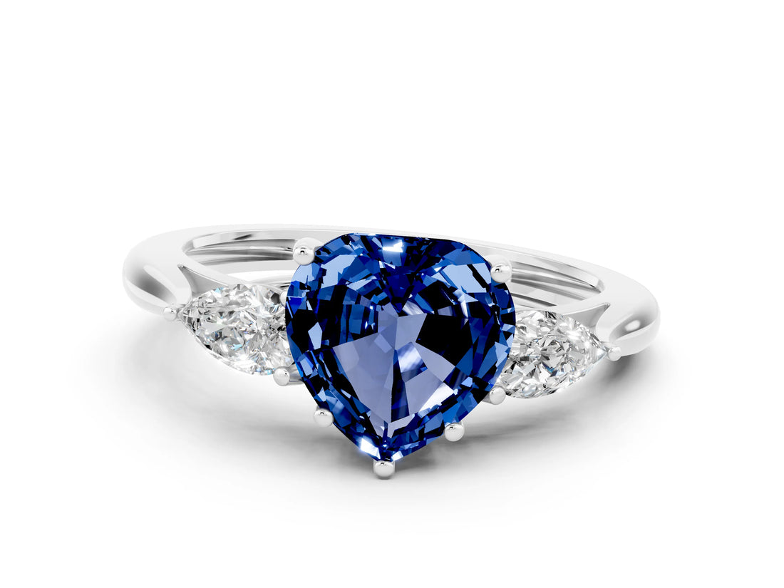 White gold Three-Stone Heart Cut Blue Sapphire Ring with Pear  Side Stones in Four-Prong Setting_12