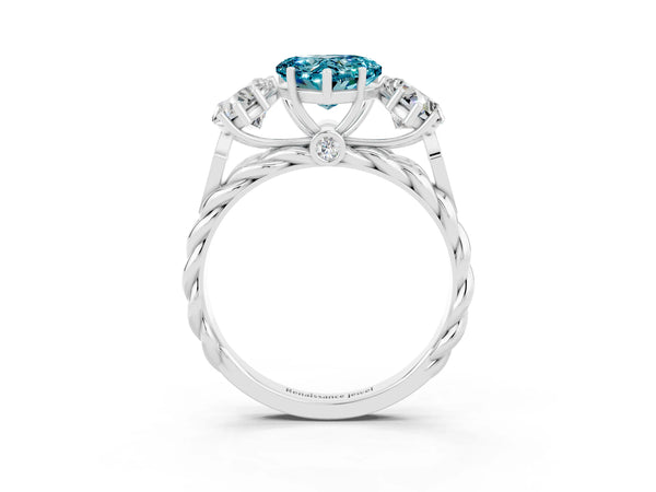 White gold Three-Stone Heart Cut Blue Topaz Braided Band Ring with Four-Prong Setting