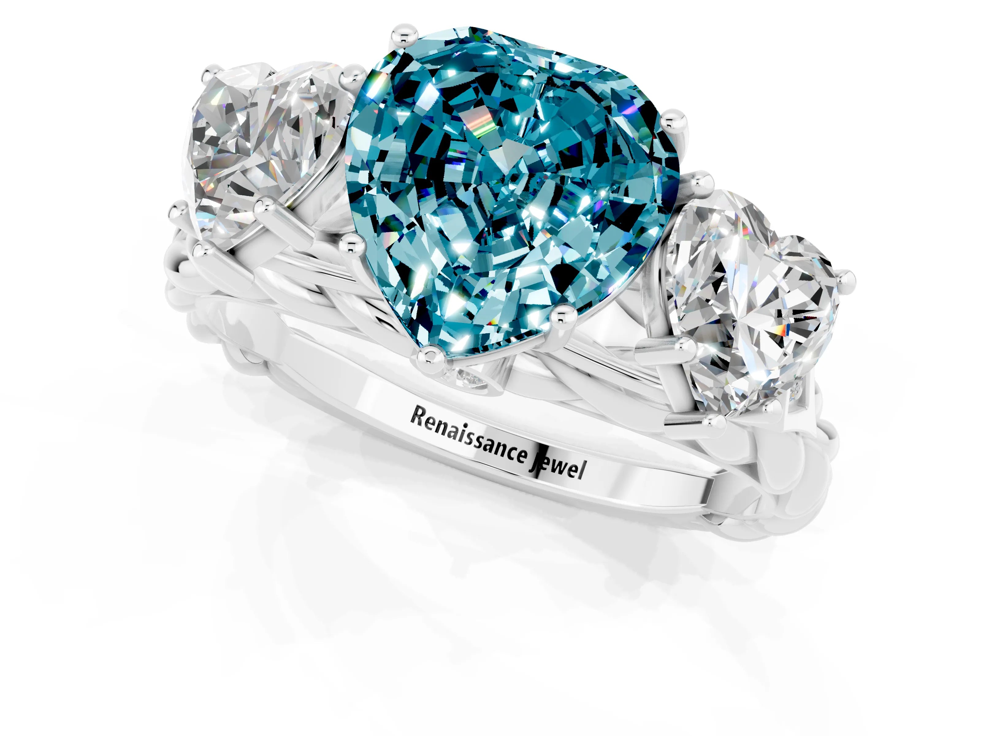White gold Three-Stone Heart Cut Blue Topaz Braided Band Ring with Four-Prong Setting_49