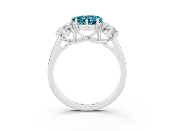 Silver Three-Stone Heart Cut Blue Topaz Engagement Ring with Prong Setting