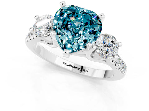 White gold Three-Stone Heart Cut Blue Topaz Pavé Band with Four-Prong Setting_1