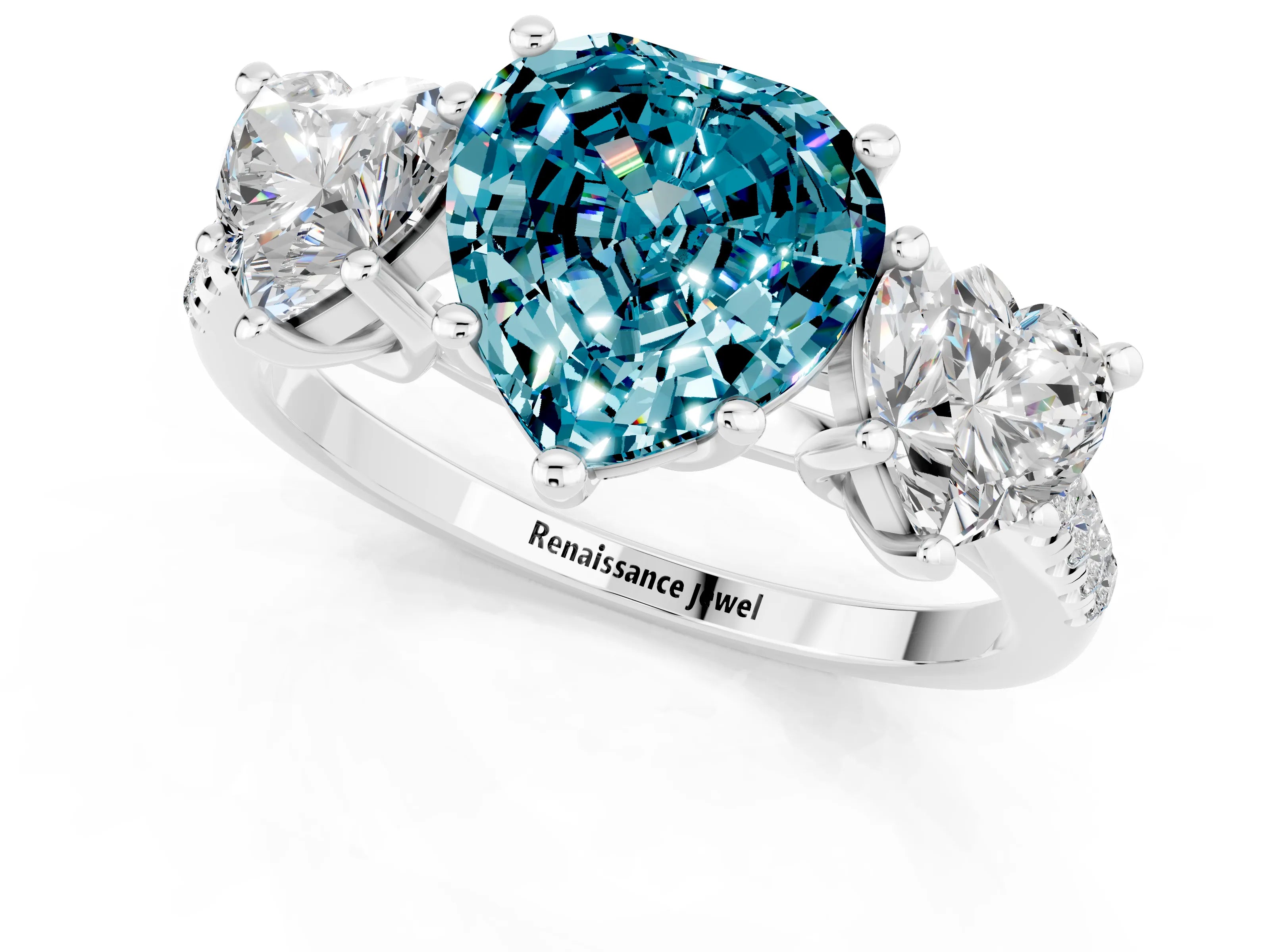 White gold Three-Stone Heart Cut Blue Topaz Ring with Pavé Band and Prong Setting_13