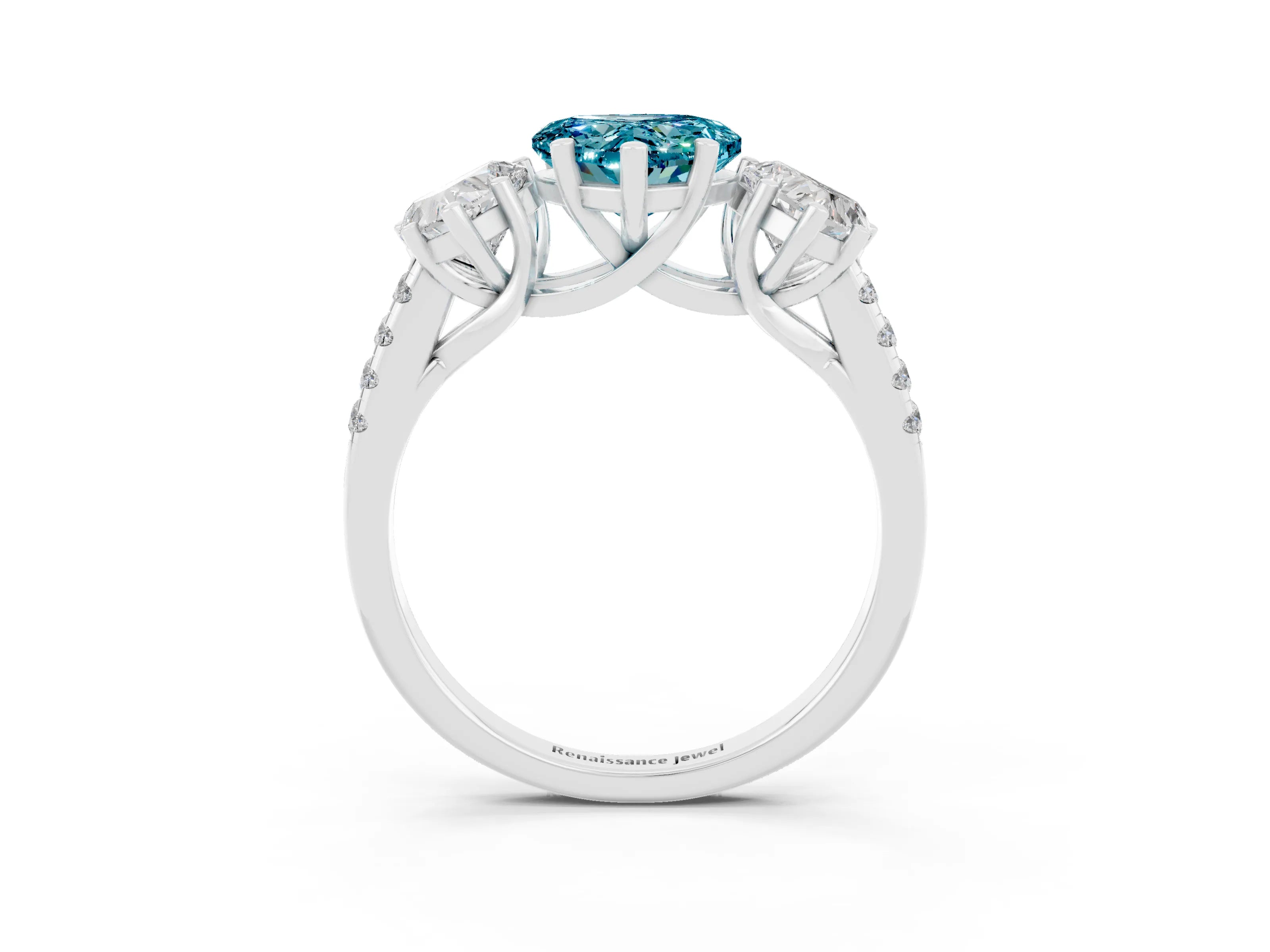 White gold Three-Stone Heart Cut Blue Topaz Ring with Pavé Band and Prong Setting_15