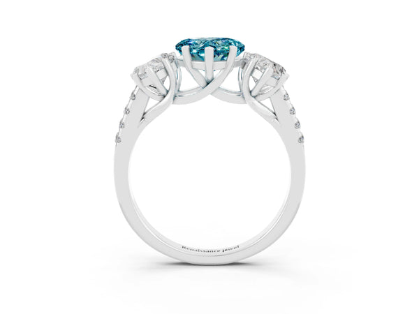 White gold Three-Stone Heart Cut Blue Topaz Ring with Round  Pavé Band and Prong Setting