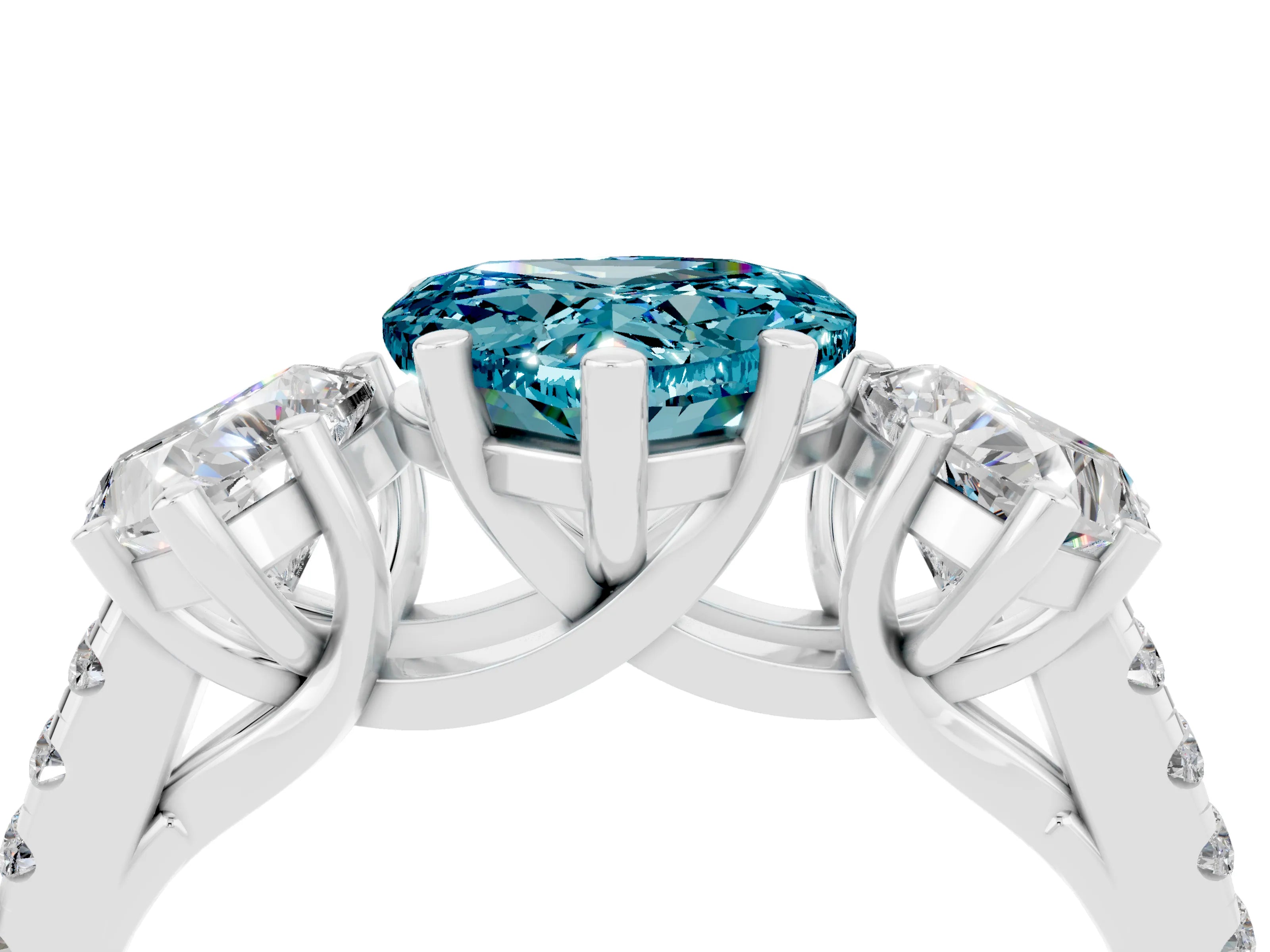 White gold Three-Stone Heart Cut Blue Topaz Ring with Pavé Band and Prong Setting_16