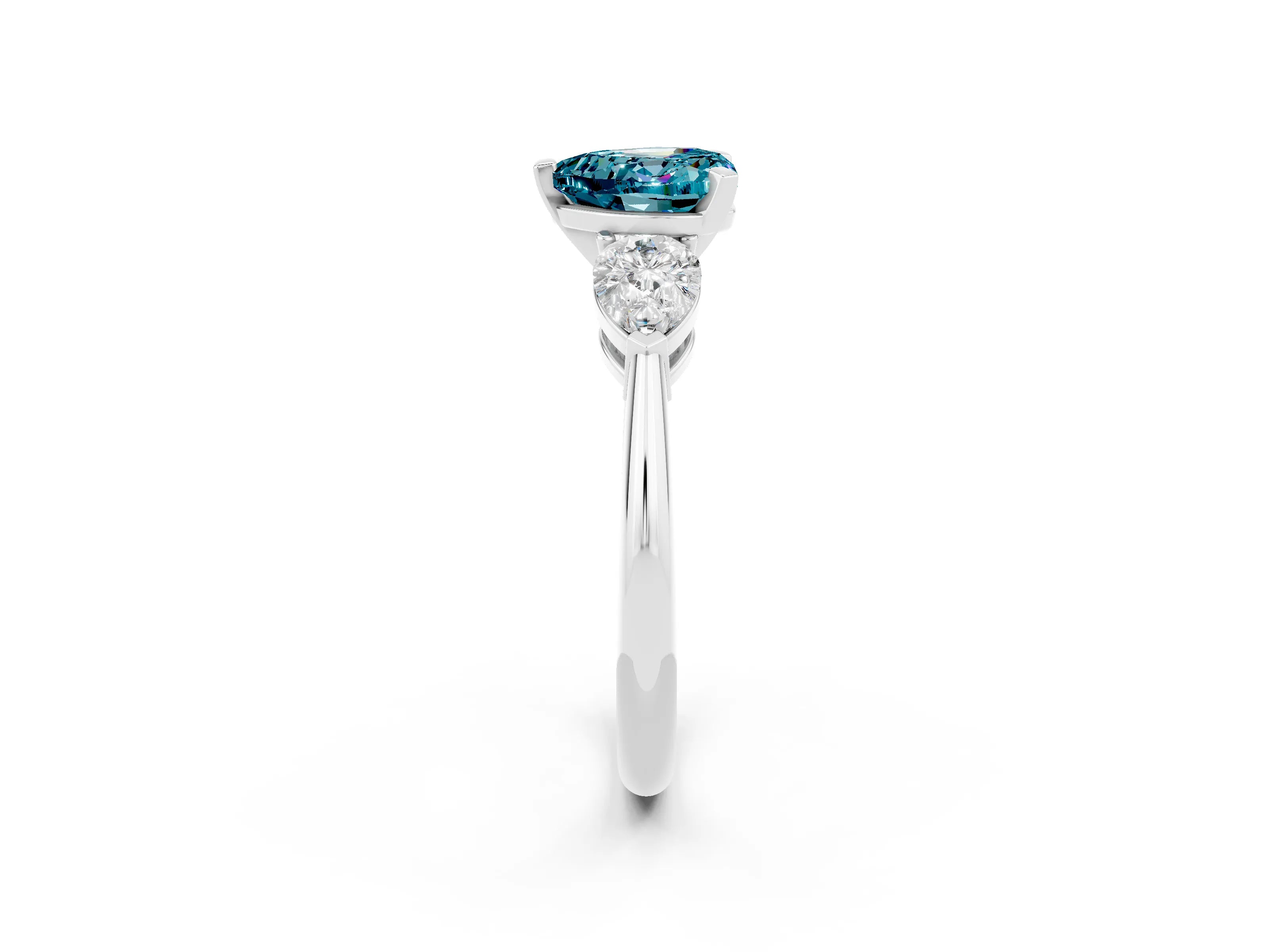 White gold Three-Stone Heart Cut Blue Topaz Ring with Pear Side Stones and Four-Prong Setting_2