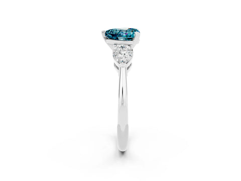 White gold Three-Stone Heart Cut Blue Topaz Ring with Pear Side Stones and Four-Prong Setting_2