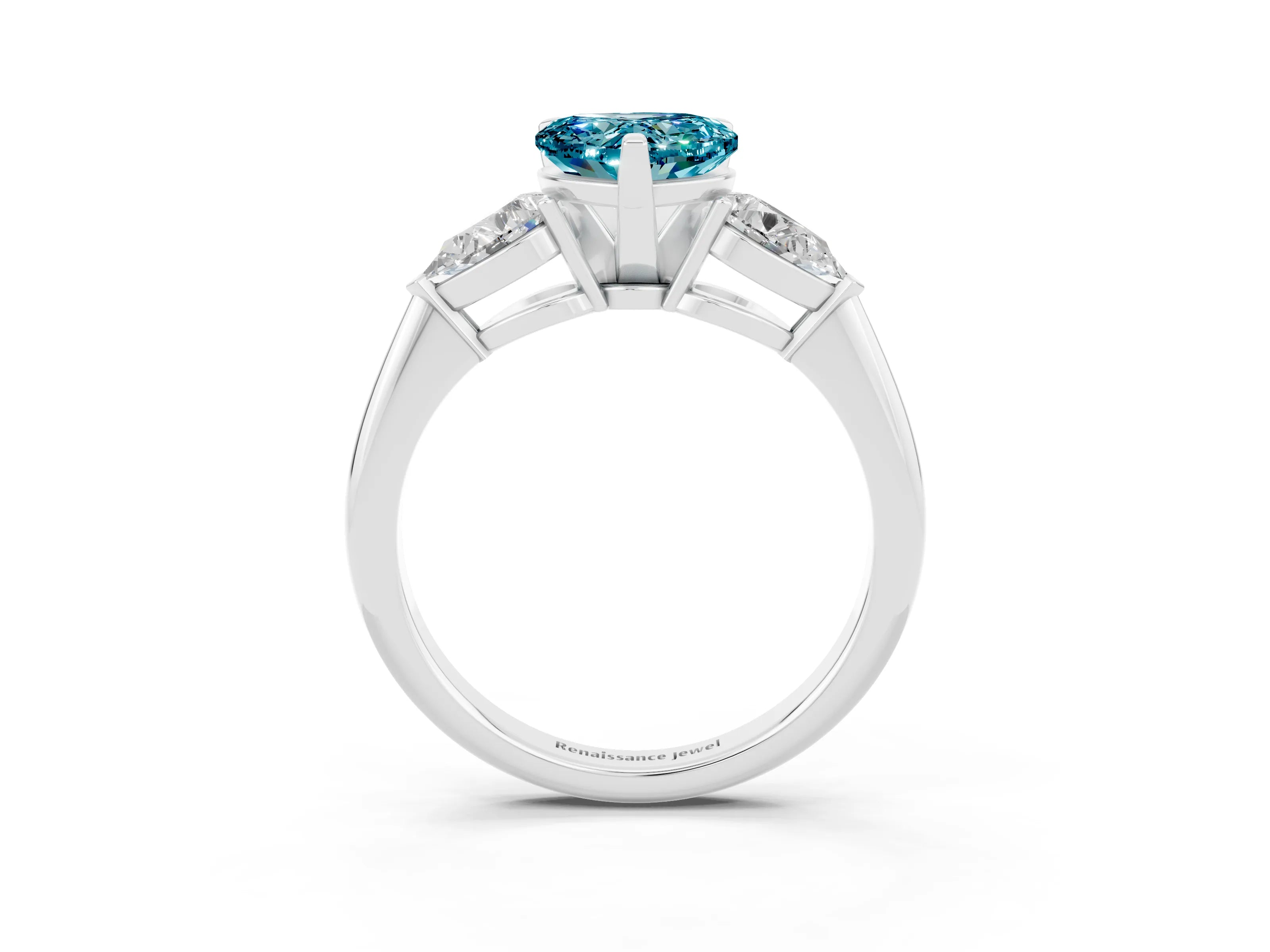White gold Three-Stone Heart Cut Blue Topaz Ring with Pear Side Stones and Four-Prong Setting_3