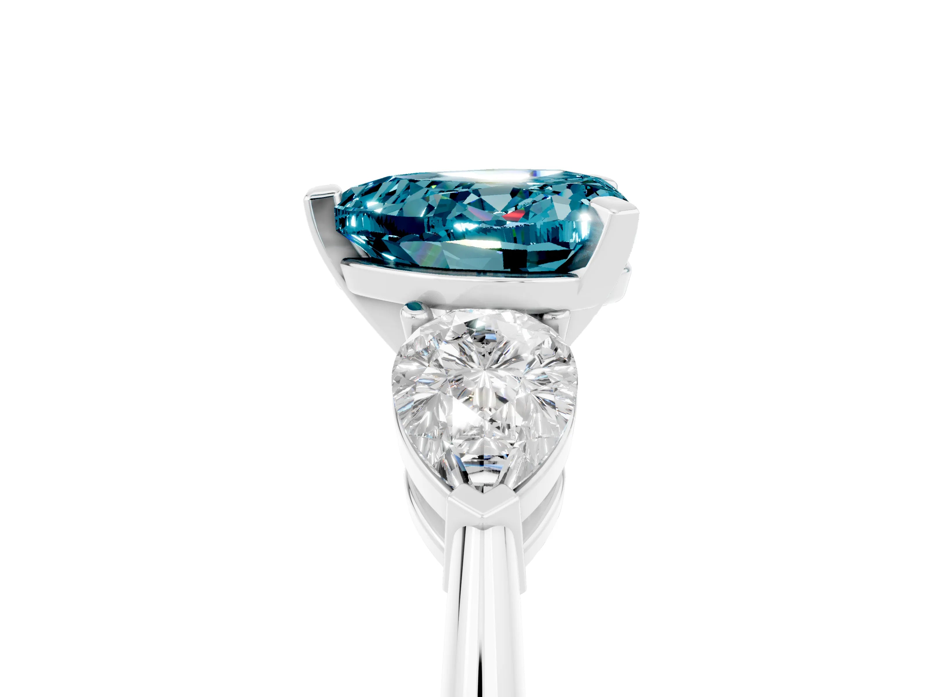 White gold Three-Stone Heart Cut Blue Topaz Ring with Pear Side Stones and Four-Prong Setting_5