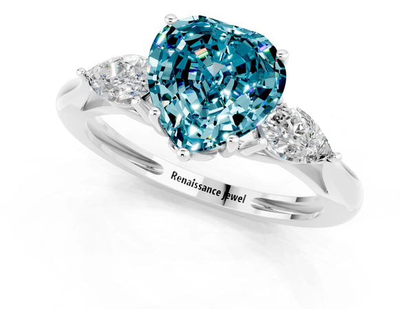 White gold Three-Stone Heart Cut Blue Topaz Ring with Pear  Side Stones in Four-Prong Setting