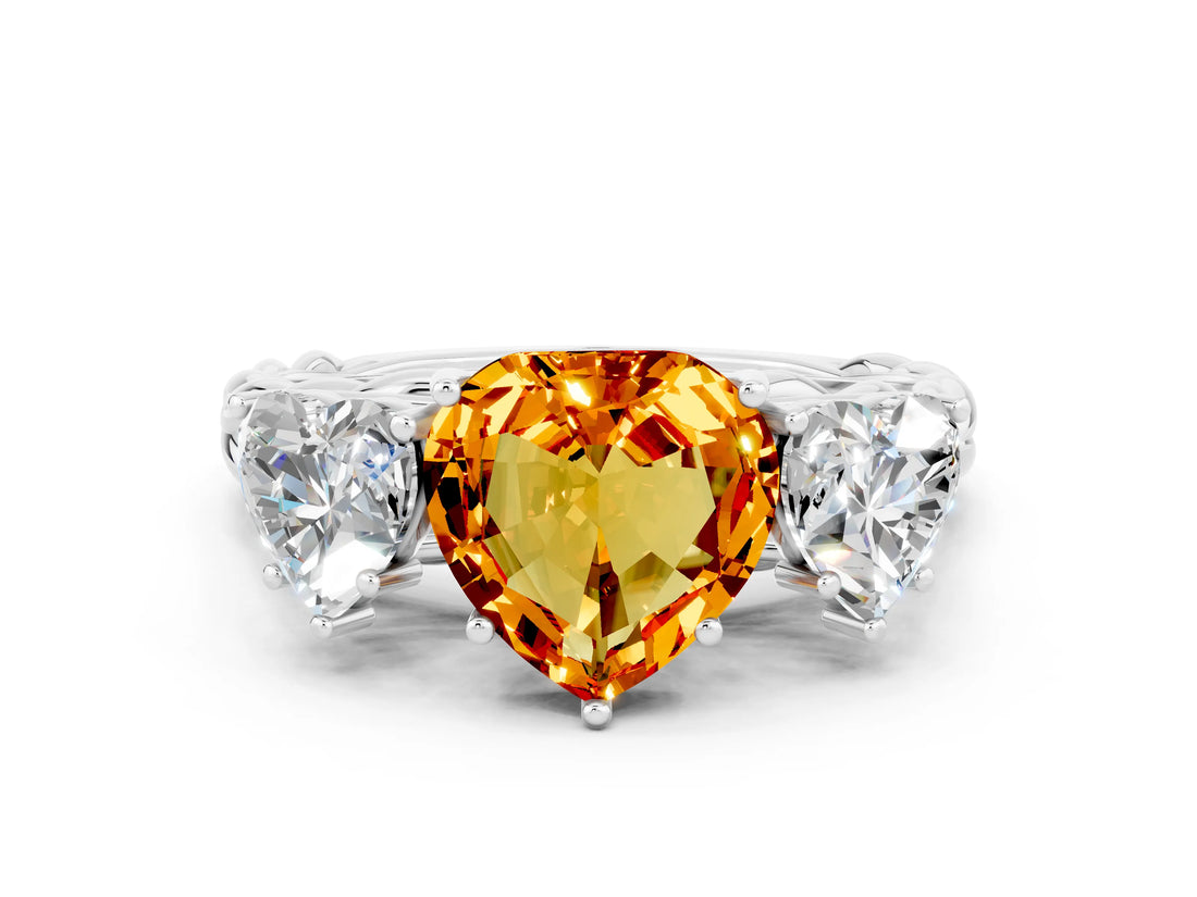 White gold Three-Stone Heart Cut Citrine Braided Band Ring with Four-Prong Setting_45