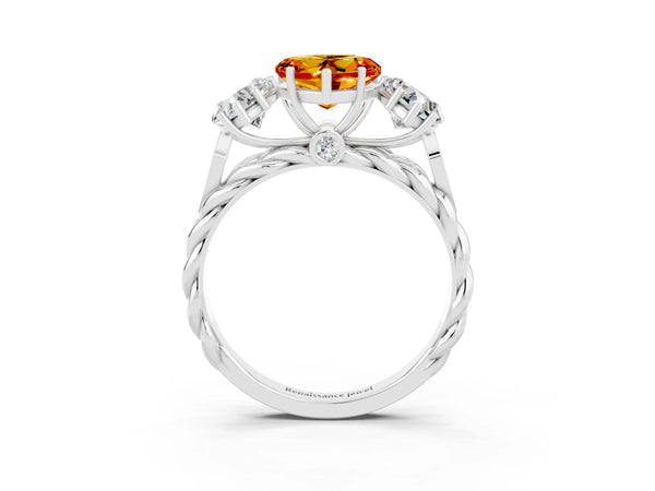 Silver Three-Stone Heart Cut Citrine Braided Band Ring with Four-Prong Setting